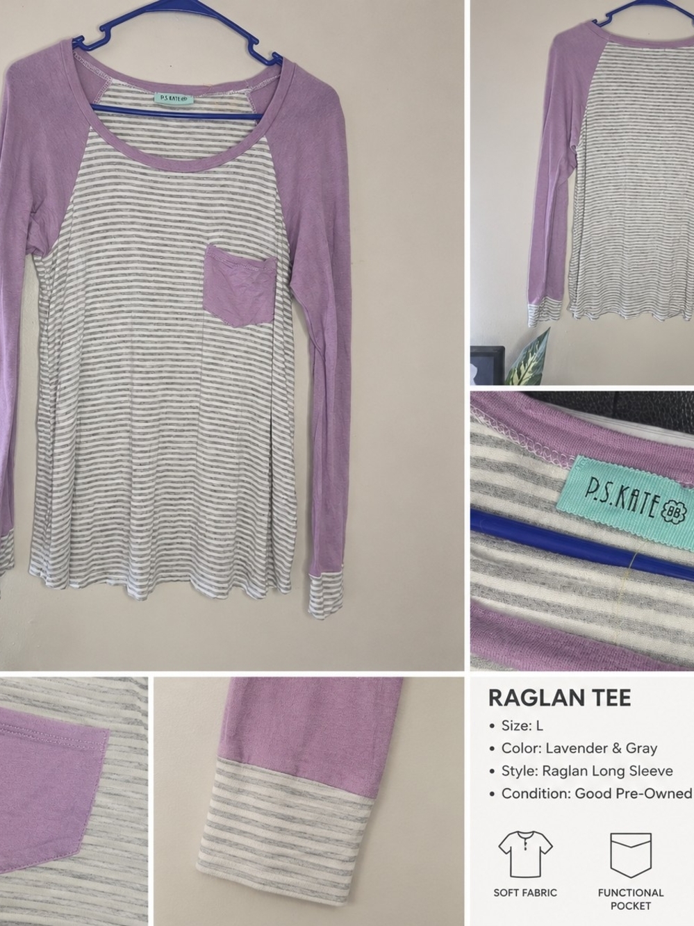 P.S. Katie Lavender & Gray Raglan Tee - Long Sleeve Top